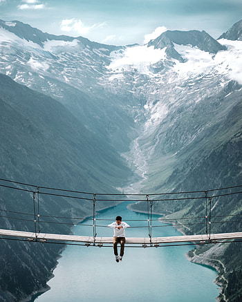 Mountains, Miscellanea, Miscellaneous, Height, Bridge, Human, Person, Loneliness HD phone wallpaper