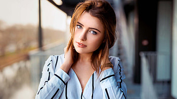 Blonde Girl Model Is Standing In Blur Bokeh Background Wearing Black Lines White Shirt Dress Girls HD wallpaper