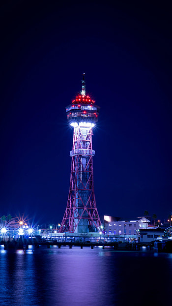 Cities, Night City, Lighthouse, Japan, Wharf, Tower, Berth, Fukuoka HD phone wallpaper
