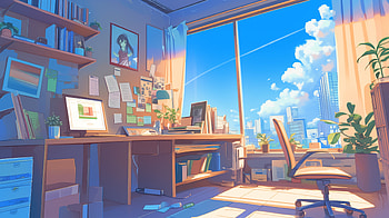 Anime-Inspired Room with City View -, Anime, anime room, office, interior, window HD wallpaper