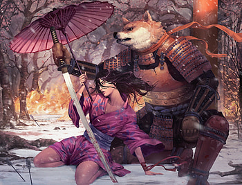 The dog and the blind girl, dog, winter, umbrella, art, lorenz basuki, armor, wind, pink, fantasy, blind girl, snow, iarna, luminos, caine HD wallpaper