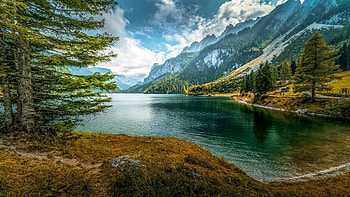 Mountain Lake, trees, clouds, sky, mountains, water HD wallpaper