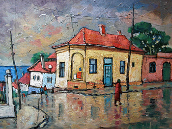 David Croitor. -- Balchik, rain time., rain, painting, art, house, street, david croitor HD wallpaper