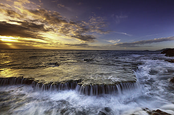 Waterfall, sea, sunset, coast HD wallpaper
