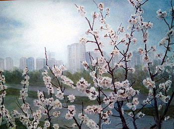 Григорьев Сергей. Город в абрикосовом цвете, city, art, painting, tree HD wallpaper