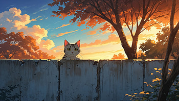 Cat Peeking Over The Wall During A Warm Sunset, cat, wall, sunset, tree, artist, artwork, art, digital-art, ai, deviantart HD wallpaper