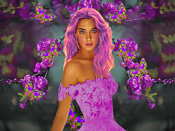 Delicate Purple, ombre, flowers, girl, colorful, vibrant, beautiful, butterflies, purple, vivid, bright, green, bold HD wallpaper