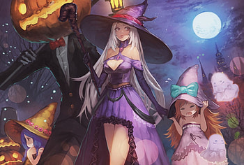 Halloween Night, night, blue, cute, long hair, dress, beauty, halloween, ghost, moon, witches, pumpkin, art, soft, beautiful, back, purple, pink, anime, pretty, yellow, white hair, sky, girls, lantern HD wallpaper