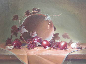 Shelf Life, garlic, shelf, fabric, blue berries, grapes, copper, leaves, onions, red, bowl, twigs HD wallpaper