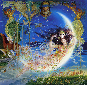 Nyx, blue, night, fantasy, moon, luna, abraxis, art girl, illustration, kinuko y craft HD wallpaper
