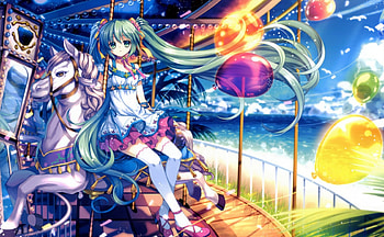 Hatsune Miku, night, sunlight, cute, stars, vocaloid, long hair, dress, beauty, day, water, sweet, sea, magic, ballon, twintail, beautiful, dark, anime girl, landcspe, anime, fantasy, clouds, green hair, sky, green eyes, carousel HD wallpaper