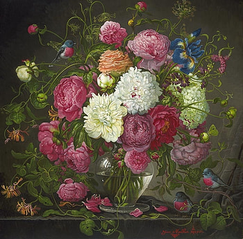 Peonies, white, art, yana movchan, vase, peony, painting, pictura, flower, red HD wallpaper