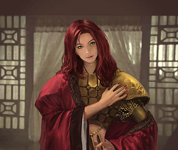 Precaution, art, girl, beauty, woman, fantasy, yellow, red, warrior HD wallpaper