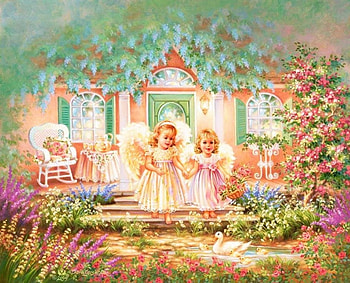 Angels, artwork, garden, painting, house HD wallpaper
