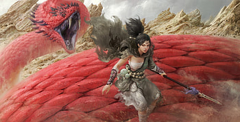 Run!, snake, art, red, fantast, girl, giant, liu xuan, warrior HD wallpaper