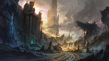 Preview cliffs, destruction, city, landscape, waterfall HD wallpaper