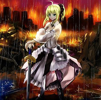 Saber Lily, blond hair, emotional, blonde, nice, sinister, blonde hair, warrior, female, sexy, sweet, sword, hot, girl, rainy, anime girl, anime, pretty, serious, lovely, raining, excalibur, gloom, cute, knight, dress, long hair, beauty, darkness, water, blond, rain, gloomy, beautiful, dark, armor, blade, saber, weapon, gown HD wallpaper