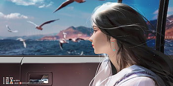 Summer, sea, bird, window, art, seagull, shiwen liu, girl, fantasy, face, luminos, water, vara HD wallpaper