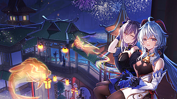 Ganyu Keqing Fireworks Background Genshin Impact HD wallpaper