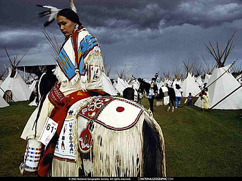 Red Elk on a horse, horse, clouds, sky, grass, people, village HD wallpaper