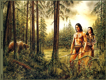 man and woman, trees, bear, woman, man HD wallpaper