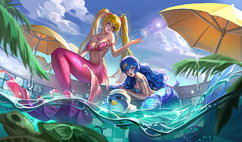 Mermaids, umbrella, blue, mermaid, girl, whitehe, summer, white he, pink, fantasy, yellow, water, siren HD wallpaper