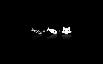 :D, pisici, minimalism, bw, fish, cat, bones, white, black, funny, vectir HD wallpaper