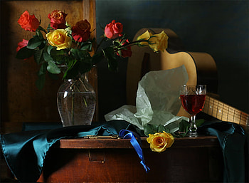 still life, graphy, guitar, nice, rose, music, bouquets, flower, , roses, vase, beautiful, cup, key, cool, flowers, wine, harmony HD wallpaper