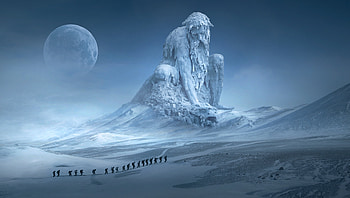Snow, People, Fantasy, Landscape, Adventure, Moon, Statue, Winter HD wallpaper