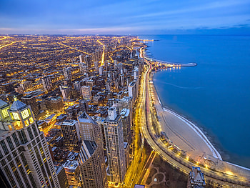Chicago cityscape, Lake Shore Drive, USA panoramas, Evening city lights HD wallpaper