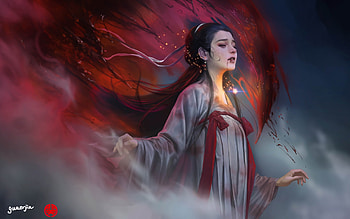 Vampire girl, frumusete, art, asian, erjia gua, gorgeous, girl, vampire, superb, fantasy, red, luminos HD wallpaper