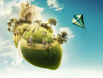 Heart Life, blue, island, tree, summer, kite, creative, fantasy, life, green, sky, heart HD wallpaper