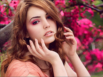 Waiting for him, pink, man, blossoms, love, waiting, woman HD wallpaper