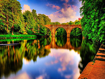 Bridge reflection, beautiful, lake, summer, reflection, bridge, clouds, trees, autumn, nature, sky, water HD wallpaper