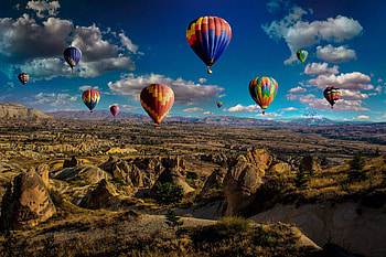 Landscape, hot air bolloons, valley, hills, colorful HD wallpaper