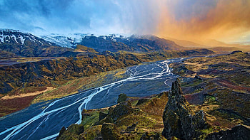 The incredible moment sunset struck a rainstorm in the Valley of Thor, Iceland, landscape, clouds, mountains, rocks, sunset HD wallpaper