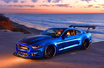 2015-Ford-Mustang-Blue-Chrome, Wing, Black Rims, Blue, Ford HD wallpaper