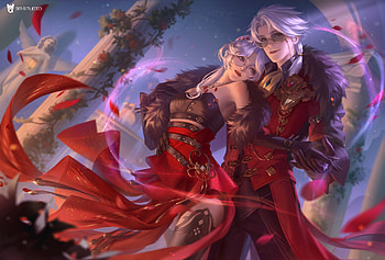 Fantasy girl, man, red, 3q studio, fantasy, couple, girl HD wallpaper