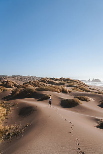 Discover peace and solitude with this of a lone traveler walking across expansive desert sand dunes. HD phone wallpaper