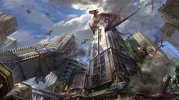dragons, city, skyscrapers, destruction HD wallpaper