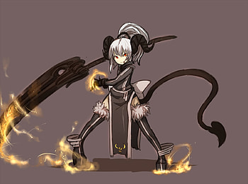 shirogane usagi art, sword, orange eyes, flame, tail, demon, behemoth, white hair, weapon, horn, fire, ponytrail HD wallpaper