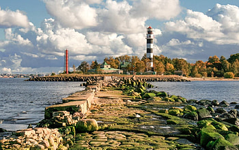 Lighthouse in Latvia, sea, lighthouse, clouds, Latvia, breakwater HD wallpaper