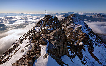 Austrian Stubai Alps, cross, snow, clouds, Austria, mountains HD wallpaper