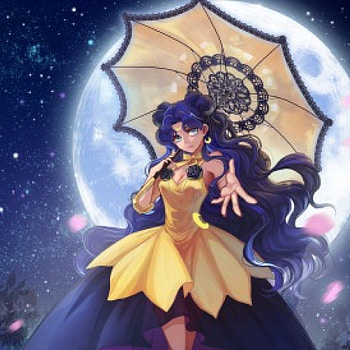 Luna, night, blue, umbrella, sailormoon, floral, long hair, dress, beauty, nice, moon, cg, petals, flower, , female, blossom, sweet, gorgeous, blue hair, girl, beautiful, star, anime girl, anime, pretty, sailor moon, yellow, sky, gown, lovely HD wallpaper
