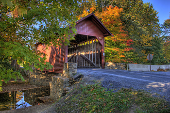 Covered Bridge in Michigan, river, trees, autumn, road, reflections HD wallpaper