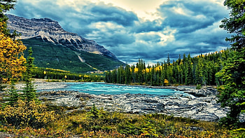 Athabasca River, Alberta, trees, landscape, clouds, sky, forest, canada, mountains, rocks HD wallpaper