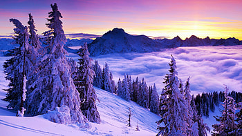 Winter sunrise, sky, mountains, winter, snow, trees, colors HD wallpaper