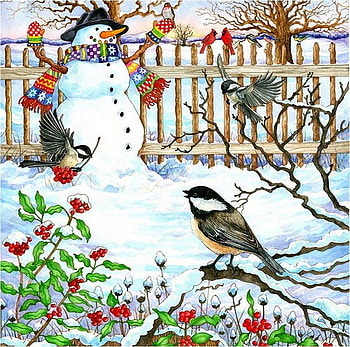 Wendy Edelson (DETAIL), winter, wendy edelson, bird, art, snowman, holiday, drawing, snow, christmas, fence, cardinal, ice, new year HD wallpaper