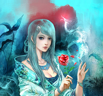 The lady with a rose and a dragon, blue, frumusete, girl, hand, rose, fantasy, red, dragon, trandafir, luminos, feng guo HD wallpaper