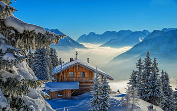 White Snow, Pine trees, Wooden house, Mountains, Mountain HD wallpaper